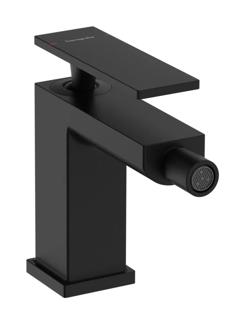 Einhebel-Bidetmischer in Mattschwarz von Hansgrohe, mit Zugstangen-Ablaufgarnitur und flachem Bedienhebel. Direktes Auslaufrohr für eine kompakte Installation.